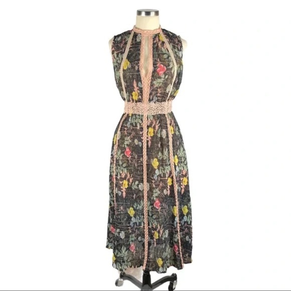 Anthropologie Kinsey Gauze Accordion Pleated Lace Trim Dress by Foxiedox Size XS